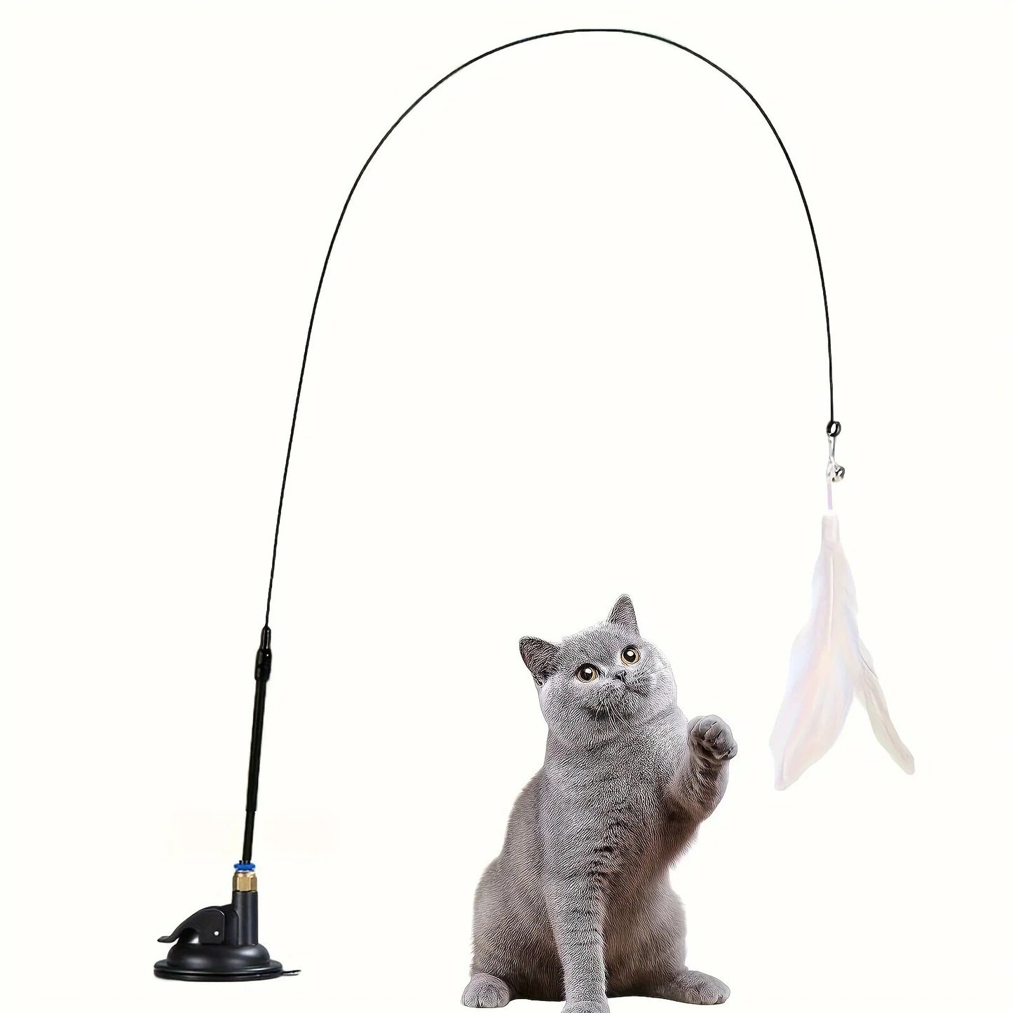 Long Suction Cup Pole Interactive Bell and Feather Wand Cat Teaser Toy