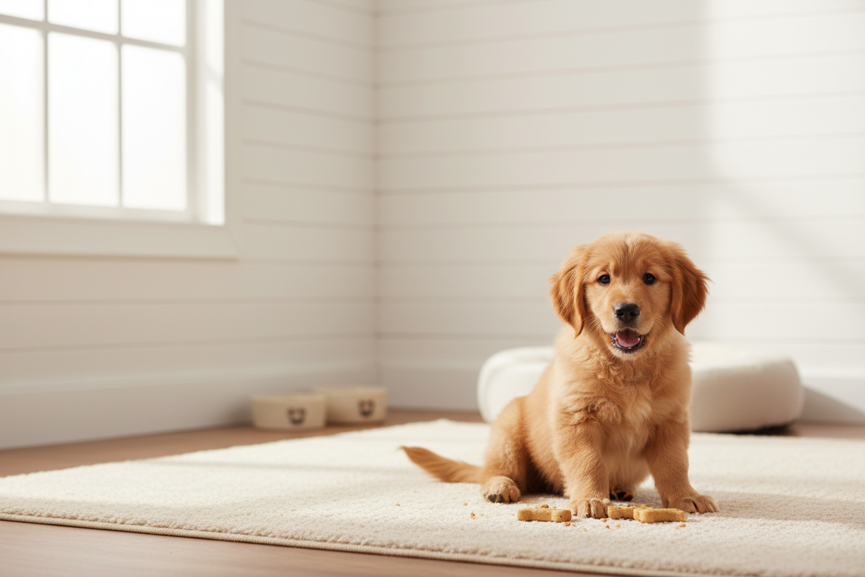 small puppy enjoying treats leave space for text